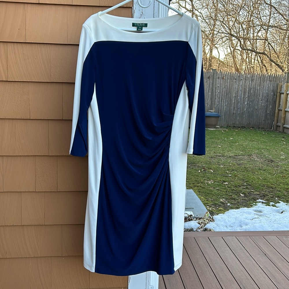 Lauren Ralph Lauren Ruched Navy & Cream Dress